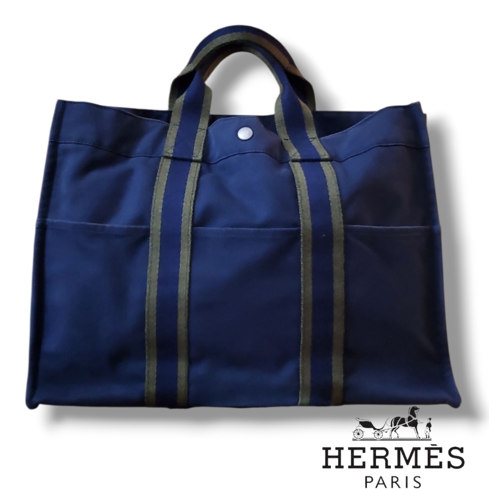HERMÈS Fourre Tout Blue and Green Cotton Canvas Tote Bag